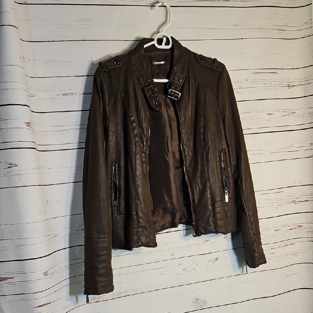 L2 Brown Faux‎ Leather Moto Biker Jacket Full Zip Buckle Accents,Large